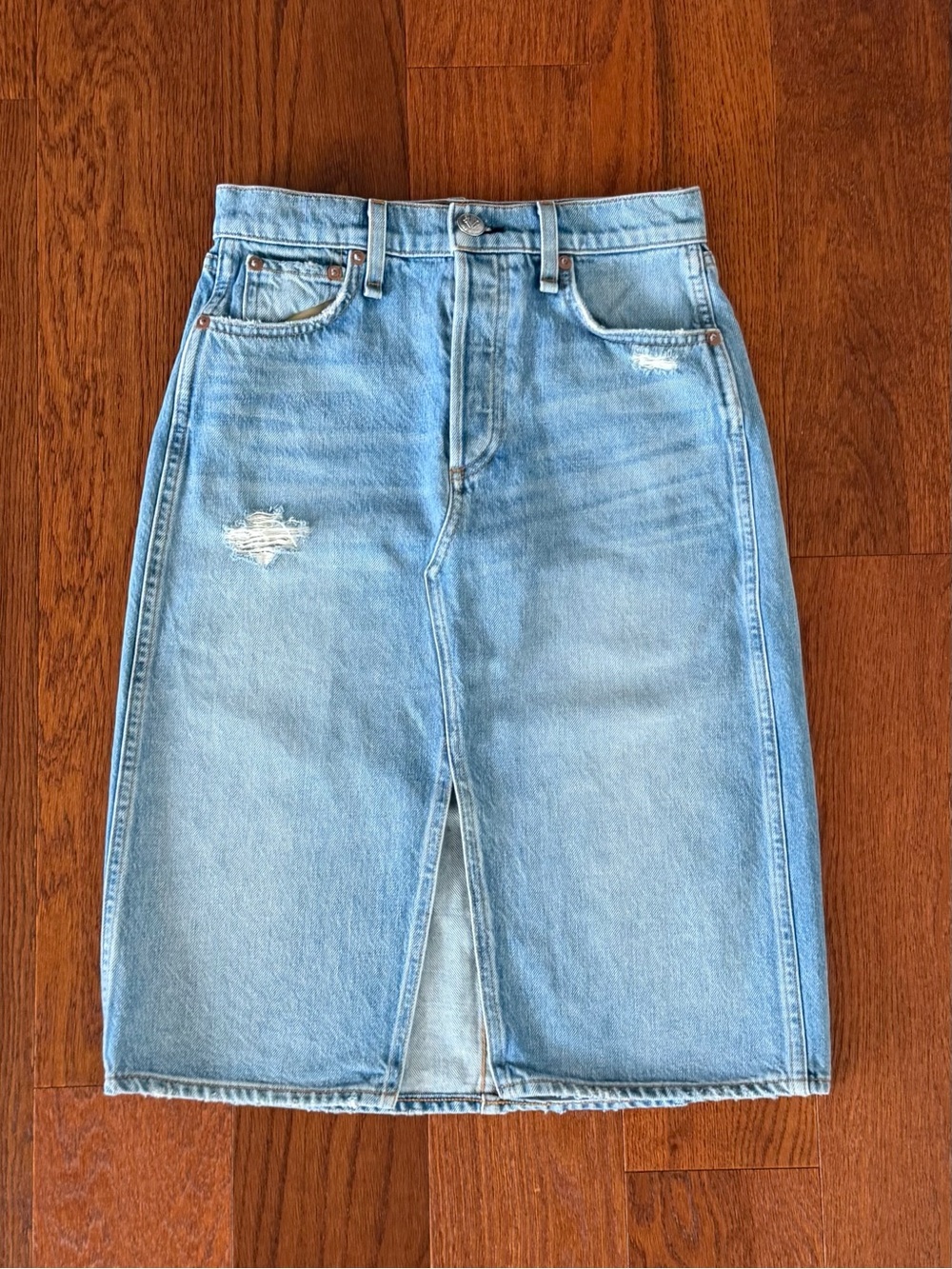 Rag & Bone Vintage High-Rise Midi Skirt in "Jones W/ Holes" size 25